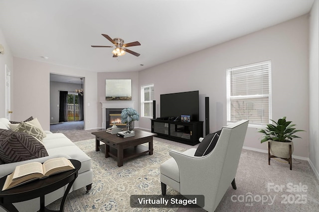 4803 Roxfield Ln, Charlotte, NC 28215 - living room featuring light colored carpet, ceiling fan, healthy amount of natural light, and baseboards
