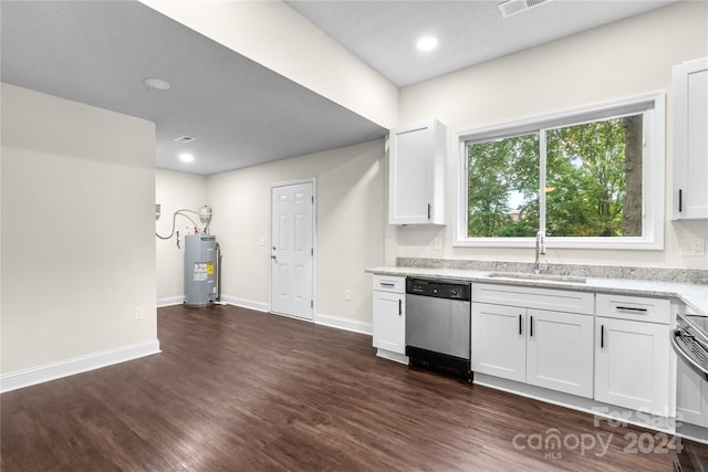 kitchen with appliances with stainless steel finishes, water heater, sink, and white cabinets