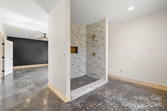 bathroom featuring ceiling fan, a shower, and concrete flooring