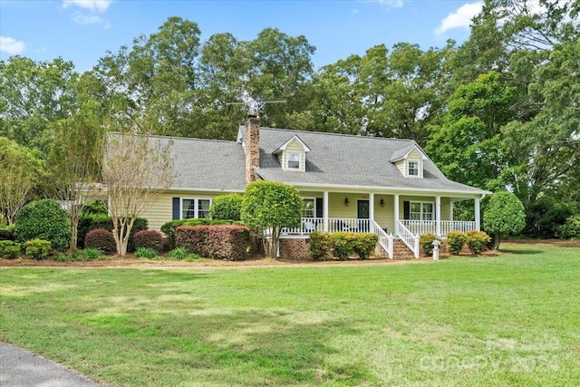 cape cod-style house with a front lawn and a porch