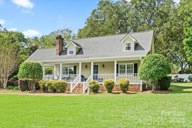 cape cod-style house featuring a front lawn and covered porch