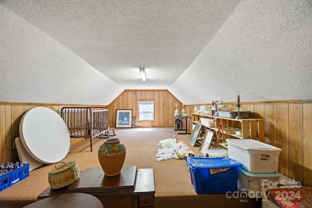 additional living space with carpet floors, wood walls, vaulted ceiling, and a textured ceiling