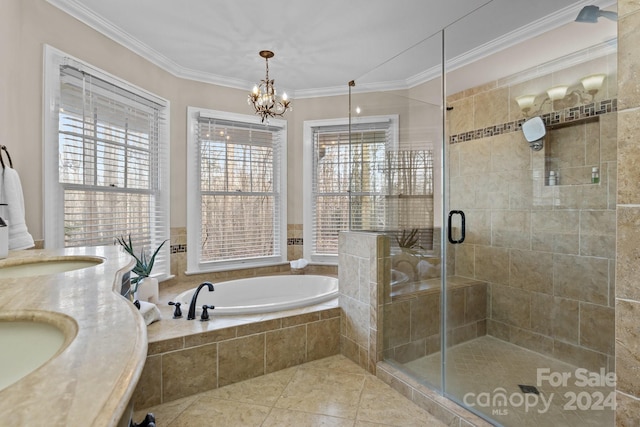 bathroom with vanity, plus walk in shower, tile patterned floors, crown molding, and a notable chandelier