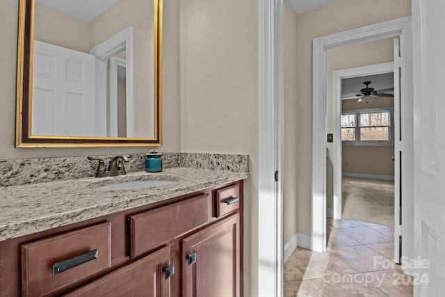 bathroom featuring ceiling fan, tile patterned flooring, and vanity