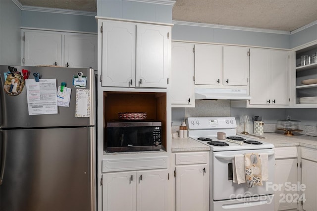 kitchen with stainless steel appliances, crown molding, a textured ceiling, and white cabinetry