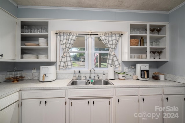 kitchen featuring ornamental molding, sink, a textured ceiling, and white cabinetry