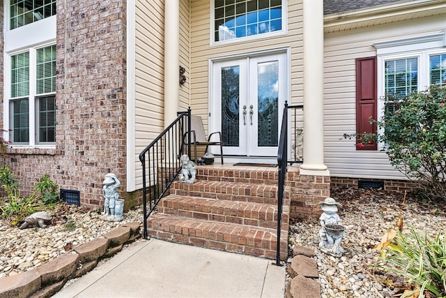 doorway to property with crawl space, roof with shingles, and french doors