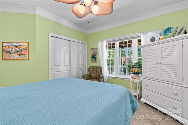 carpeted bedroom with ceiling fan, a closet, and crown molding