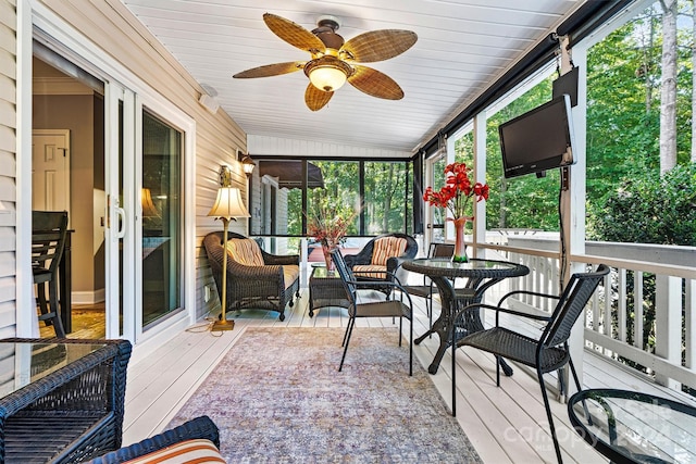 sunroom / solarium featuring ceiling fan, vaulted ceiling, and wooden ceiling