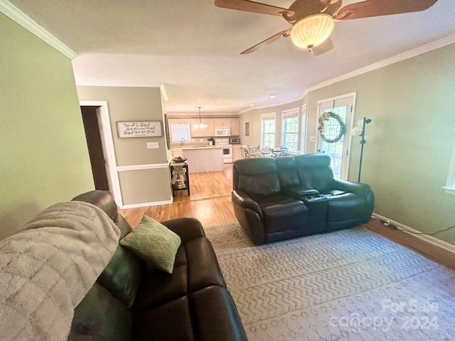 living room with crown molding, baseboards, and light wood-type flooring