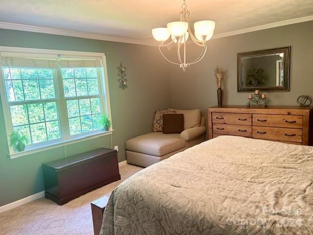 bedroom with a notable chandelier, ornamental molding, multiple windows, and light carpet