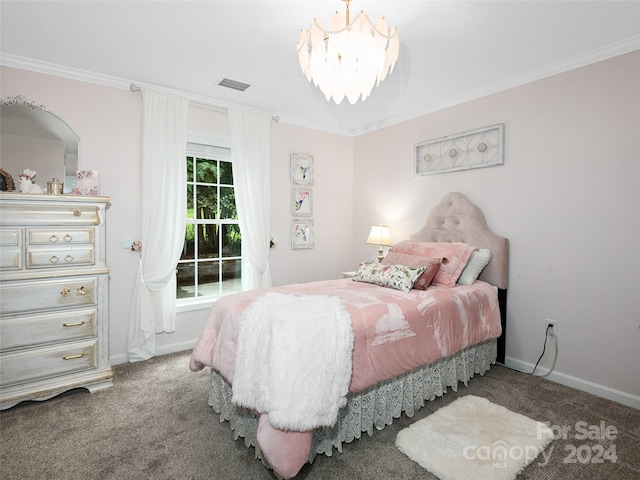 bedroom featuring ornamental molding, an inviting chandelier, and carpet flooring