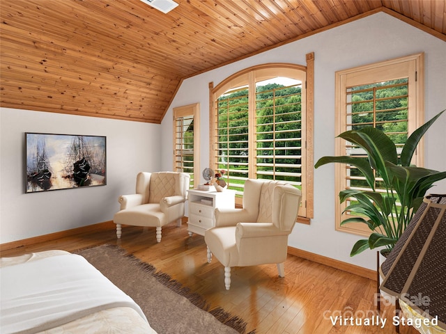 bedroom featuring wood-type flooring, wood ceiling, and vaulted ceiling