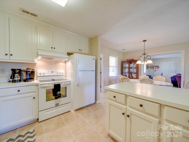 8510 Olive Branch Rd, Marshville, NC 28103 - kitchen featuring white appliances, under cabinet range hood, a textured ceiling, light countertops, and decorative light fixtures