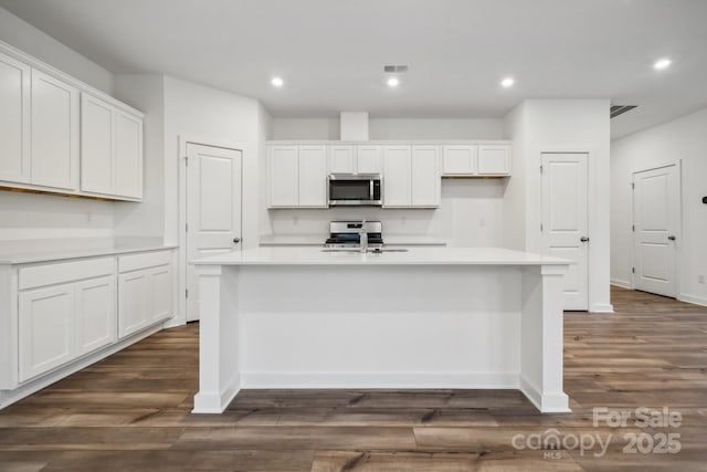 kitchen featuring white cabinetry, sink, and an island with sink