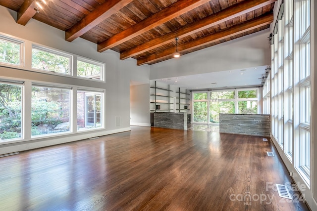 unfurnished living room featuring beamed ceiling, wooden ceiling, wood finished floors, and visible vents
