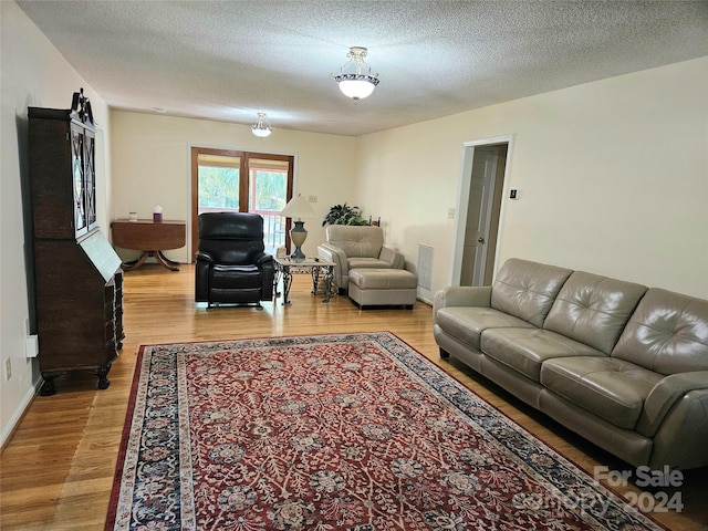 living room featuring wood-type flooring and a textured ceiling