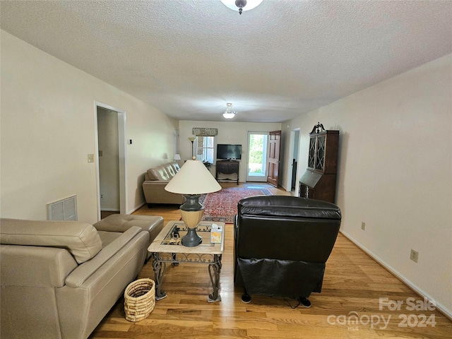 living room featuring wood-type flooring and a textured ceiling