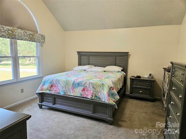 carpeted bedroom with a textured ceiling and lofted ceiling