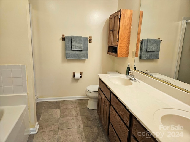 full bathroom with independent shower and bath, vanity, and toilet