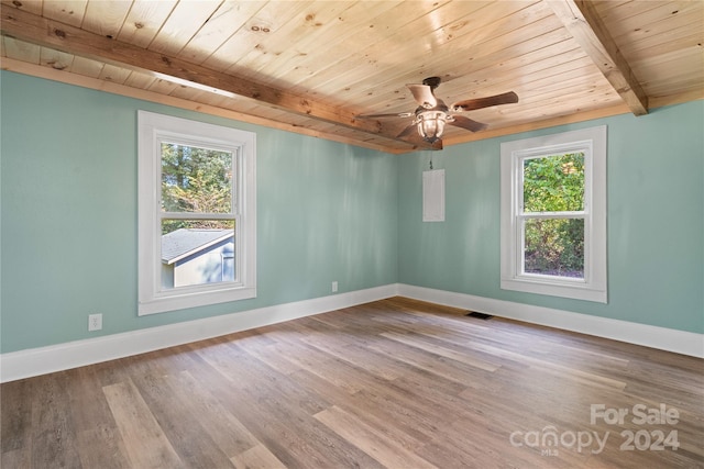 empty room featuring wood-type flooring, wooden ceiling, beamed ceiling, and ceiling fan