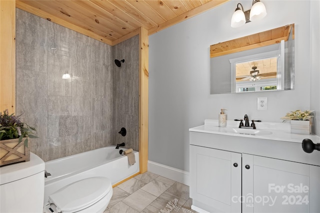 full bathroom featuring ceiling fan, toilet, wooden ceiling, tiled shower / bath, and vanity