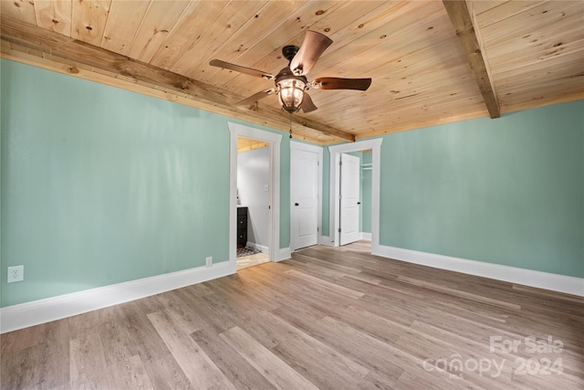 unfurnished room with ceiling fan, beamed ceiling, hardwood / wood-style flooring, and wood ceiling