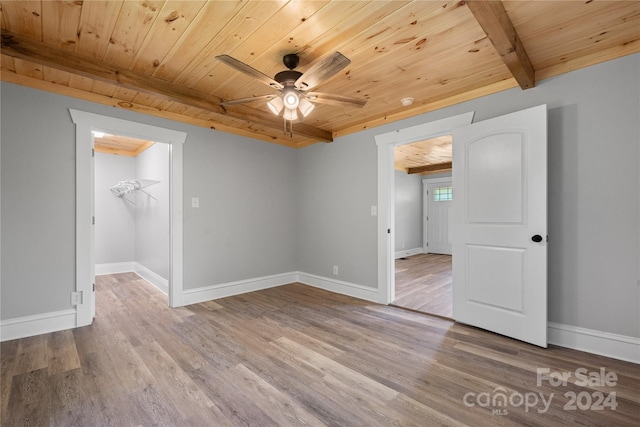 empty room featuring light hardwood / wood-style floors, wooden ceiling, beam ceiling, and ceiling fan