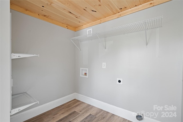 laundry area with hardwood / wood-style flooring, washer hookup, wood ceiling, and electric dryer hookup