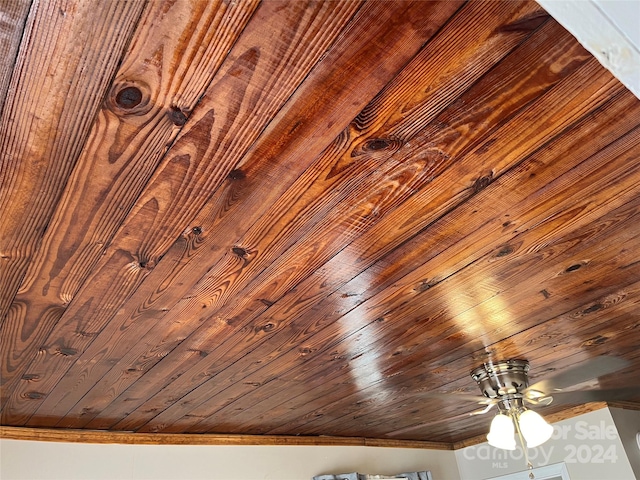 details with ceiling fan and wooden ceiling