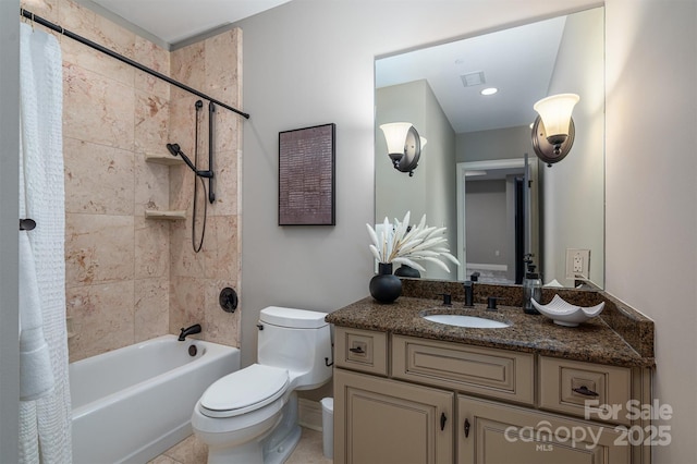 full bathroom with shower / bathtub combination with curtain, vanity, toilet, and tile patterned flooring