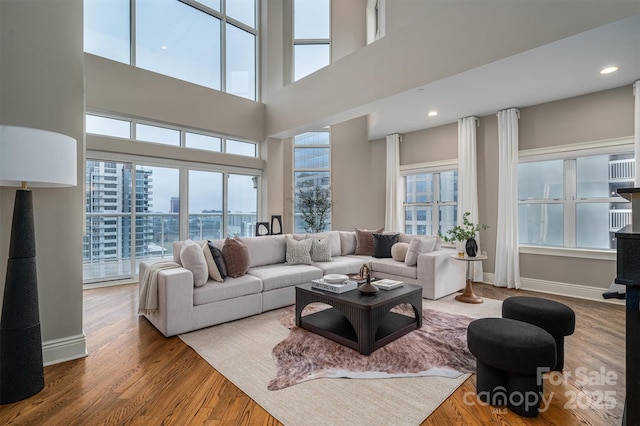 living room featuring hardwood / wood-style floors and a high ceiling