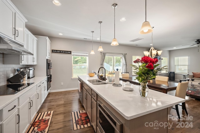 kitchen with dark hardwood / wood-style floors, sink, an island with sink, white cabinets, and stainless steel appliances