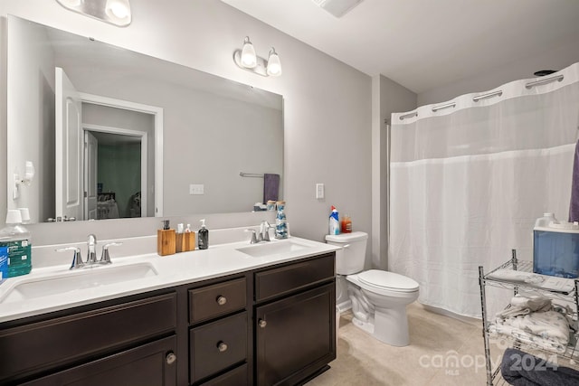 bathroom with walk in shower, vanity, toilet, and tile patterned floors