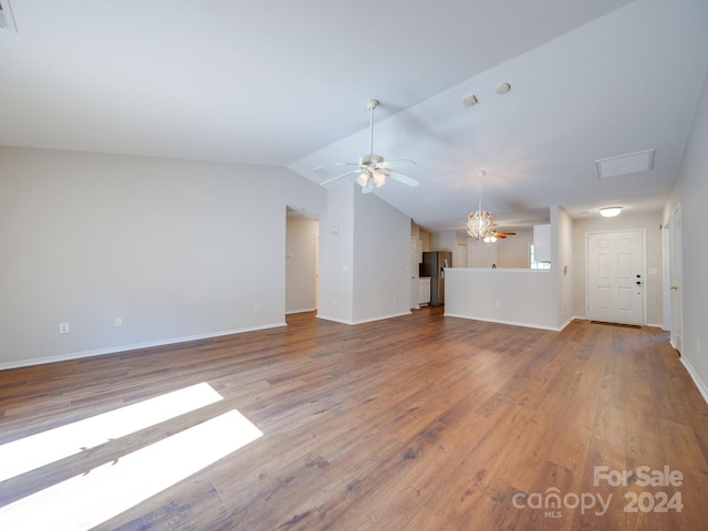 unfurnished living room featuring lofted ceiling, light hardwood / wood-style floors, and ceiling fan