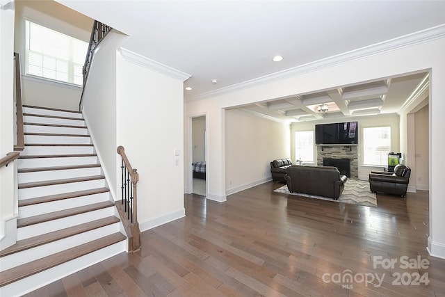 living room featuring dark wood-type flooring, crown molding, coffered ceiling, and a fireplace