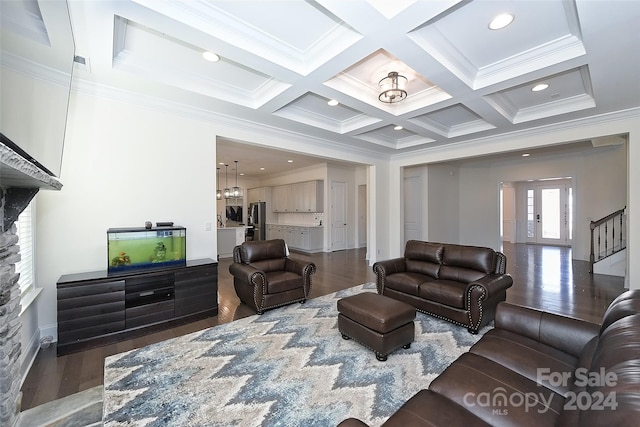 living room with beamed ceiling, crown molding, coffered ceiling, and dark hardwood / wood-style flooring