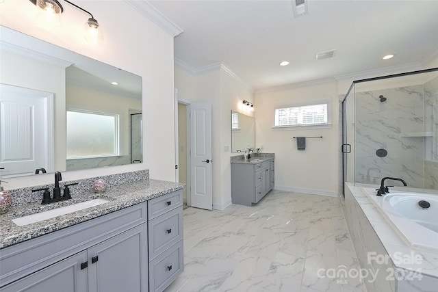 bathroom with vanity, independent shower and bath, and ornamental molding