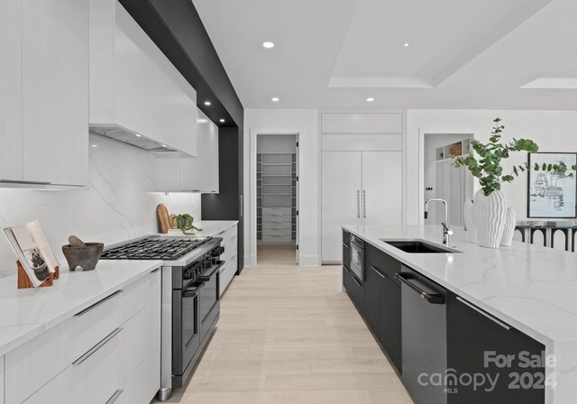 kitchen featuring light stone counters, stainless steel appliances, a raised ceiling, white cabinets, and sink