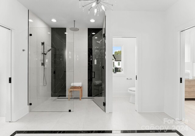 bathroom featuring a shower with shower door, vanity, and toilet