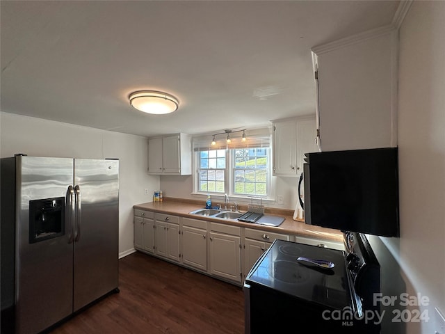 kitchen featuring black range with electric stovetop, sink, white cabinetry, stainless steel refrigerator with ice dispenser, and dark hardwood / wood-style floors