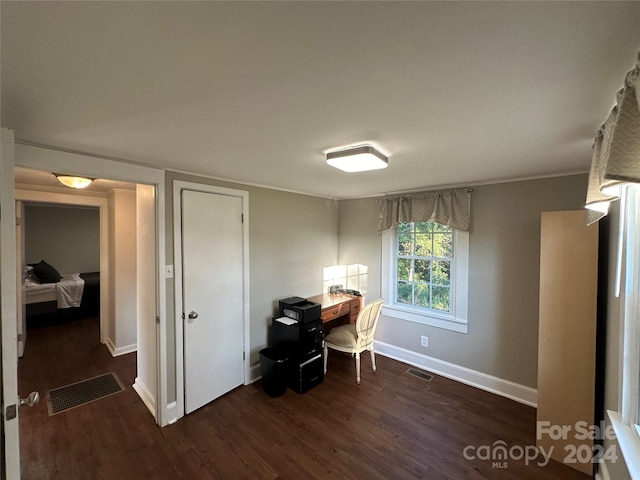 office area featuring dark wood-type flooring