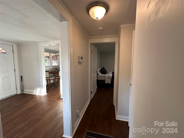 hall with crown molding and dark wood-type flooring