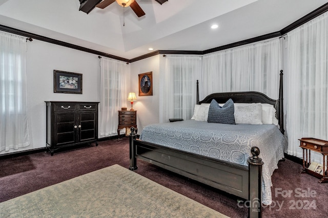 bedroom with ornamental molding, dark carpet, and ceiling fan