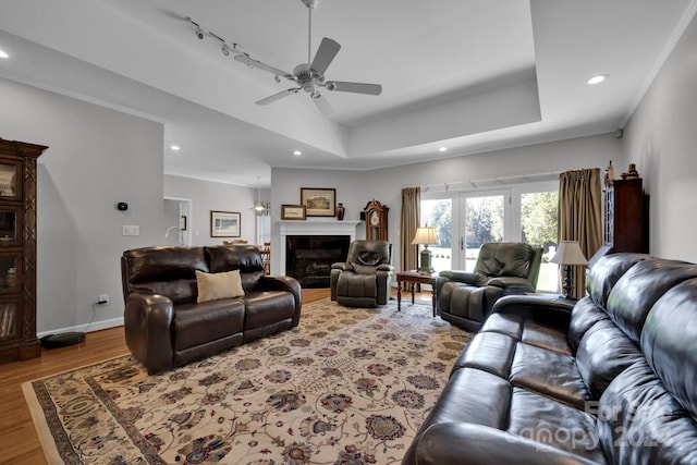 living room with ceiling fan, a tray ceiling, and light hardwood / wood-style floors