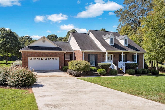 cape cod house with a garage, a porch, and a front lawn