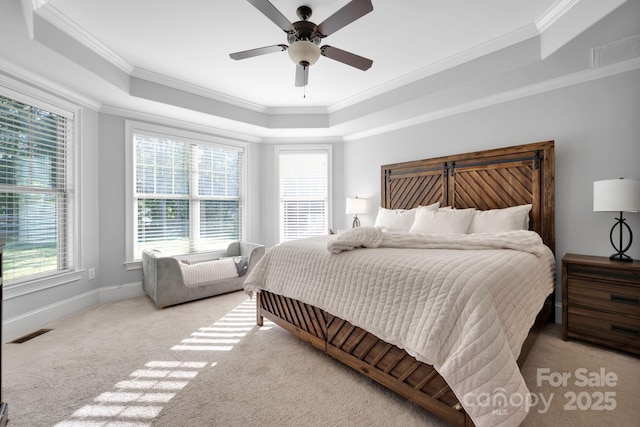 carpeted bedroom featuring multiple windows, crown molding, a raised ceiling, and ceiling fan