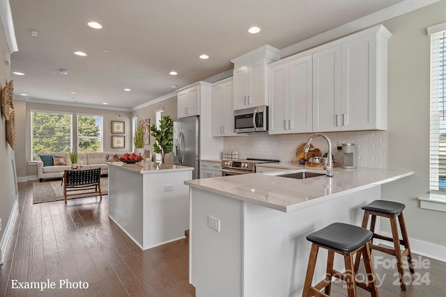 kitchen with dark hardwood / wood-style floors, stainless steel appliances, white cabinets, kitchen peninsula, and a breakfast bar area