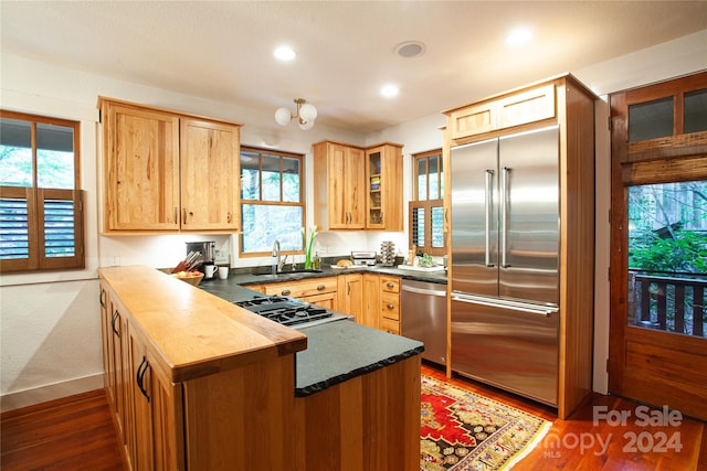 kitchen with dark wood-type flooring, light brown cabinets, appliances with stainless steel finishes, and sink