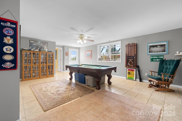 playroom featuring pool table, ceiling fan, and light tile patterned floors